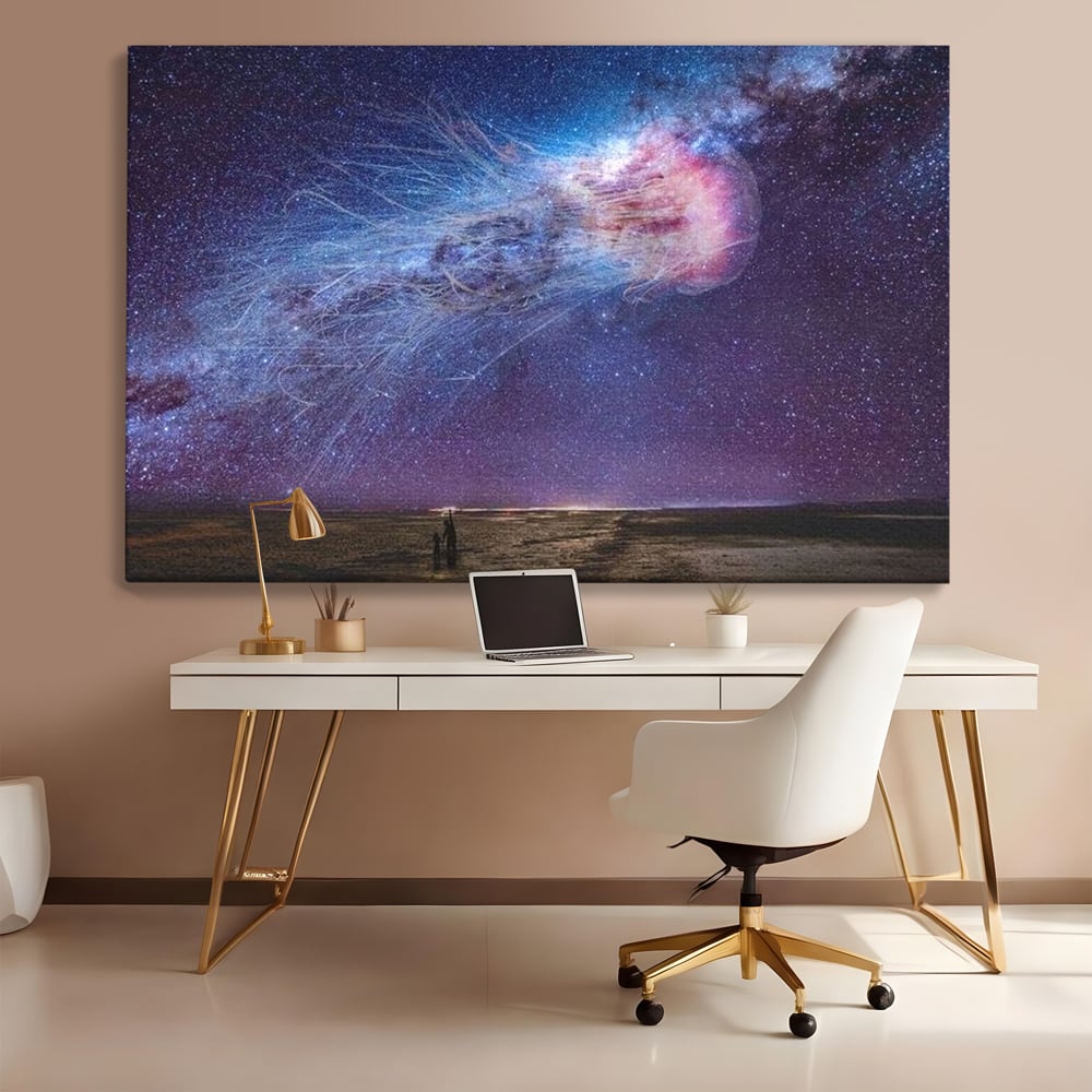 Tablou canvas cu ilustratie digitala cu meduza cosmica si stele, fara rama, pe sasiu de lemn, pe perete intr-un birou